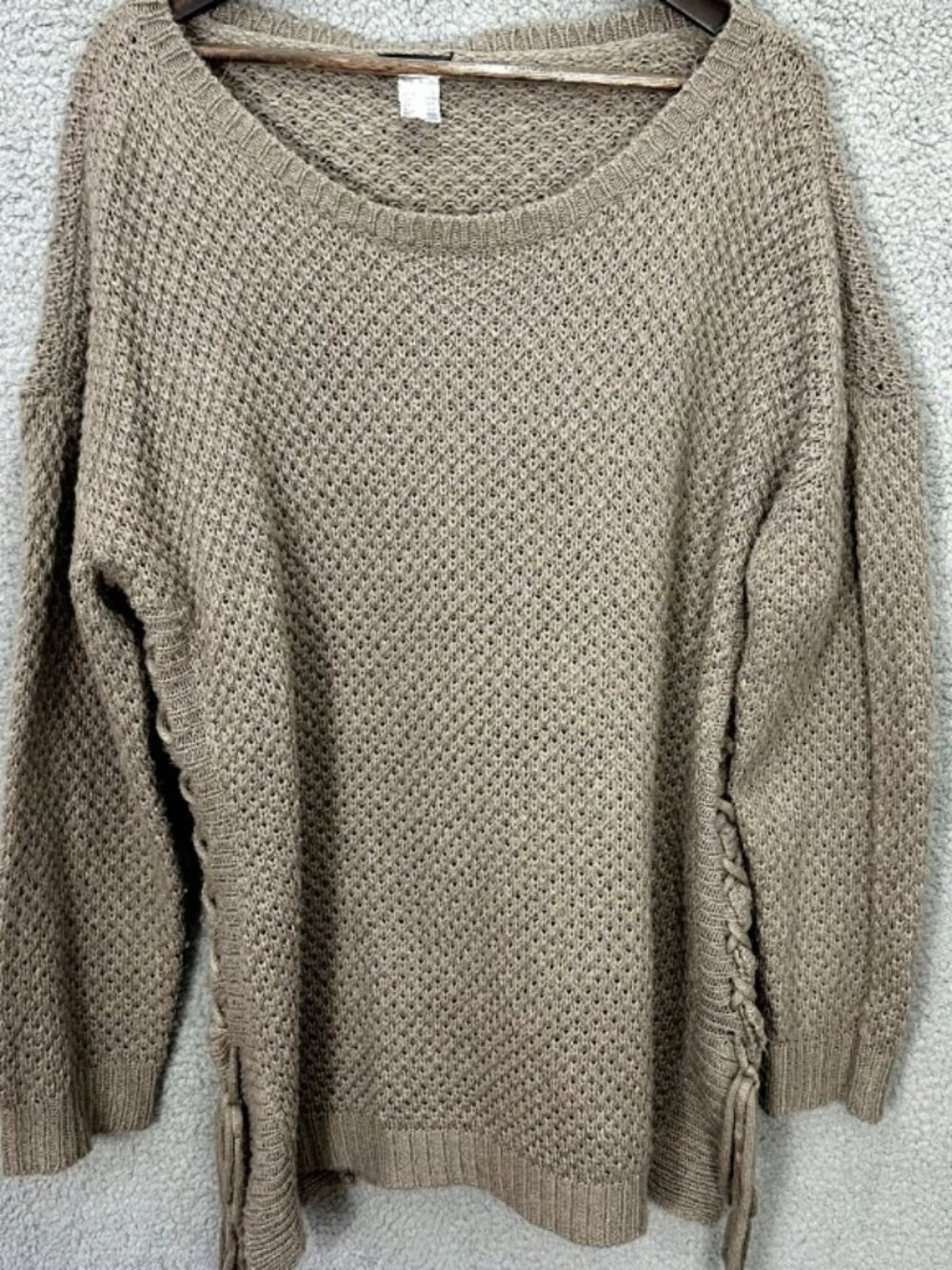 Venus Sweater Womens 1X Beige Crochet Knit Lace Up Accent Boho Chic Costal Cozy